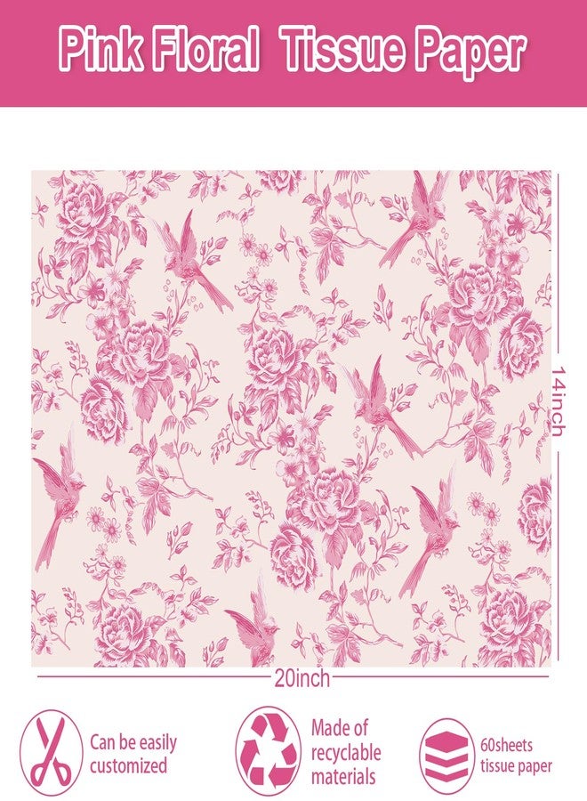Whaline 60 Sheets Pink Floral Tissue Paper Rose Flower Bird Decorative Wrapping Paper Chinoiserie Art Papers for Birthday Baby Shower Party DIY Crafts, 14 x 20 Inch - Image 2