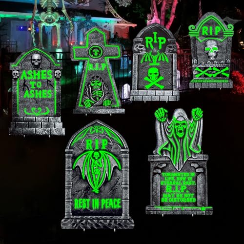 CiniQy Glowing in The Dark Halloween Tombstones Decoration 6Pcs 165x10 Spooky Graveyard Outdoor Decor for Yard Home Parties Waterproof Plastic Grave Markers - Image 1