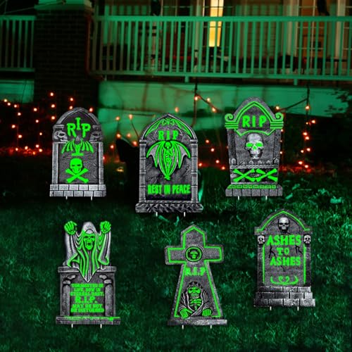 CiniQy Glowing in The Dark Halloween Tombstones Decoration 6Pcs 165x10 Spooky Graveyard Outdoor Decor for Yard Home Parties Waterproof Plastic Grave Markers - Image 3