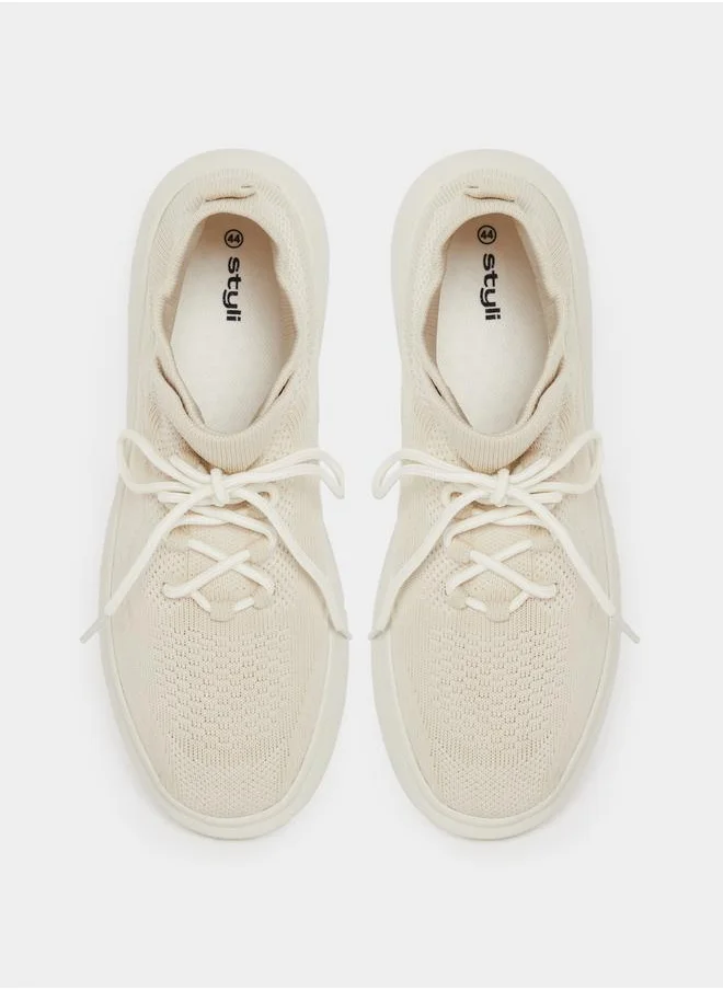 Styli Textured Lace Up Platform Sole Sneakers