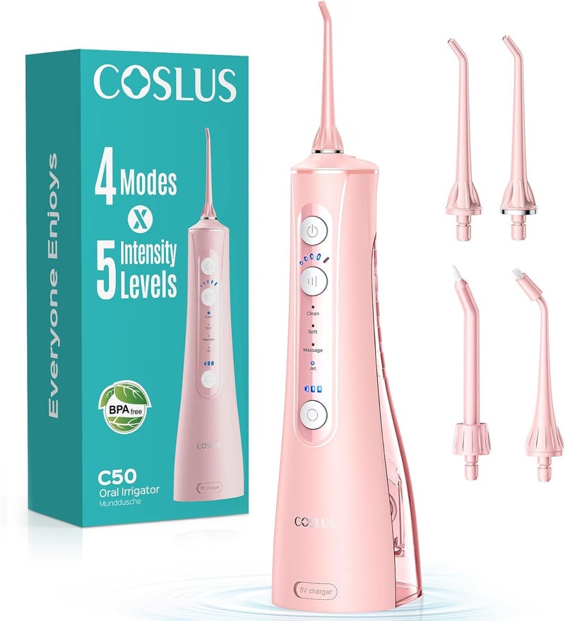كوسلوس C50 Water Flosser المحمول للأسنان: 4 أوضاع و5 مستويات شدة للعناية بالتقويم واللثة - Water Flosser اللاسلكي للسفر، خالٍ من BPA (وردي) - Image 1
