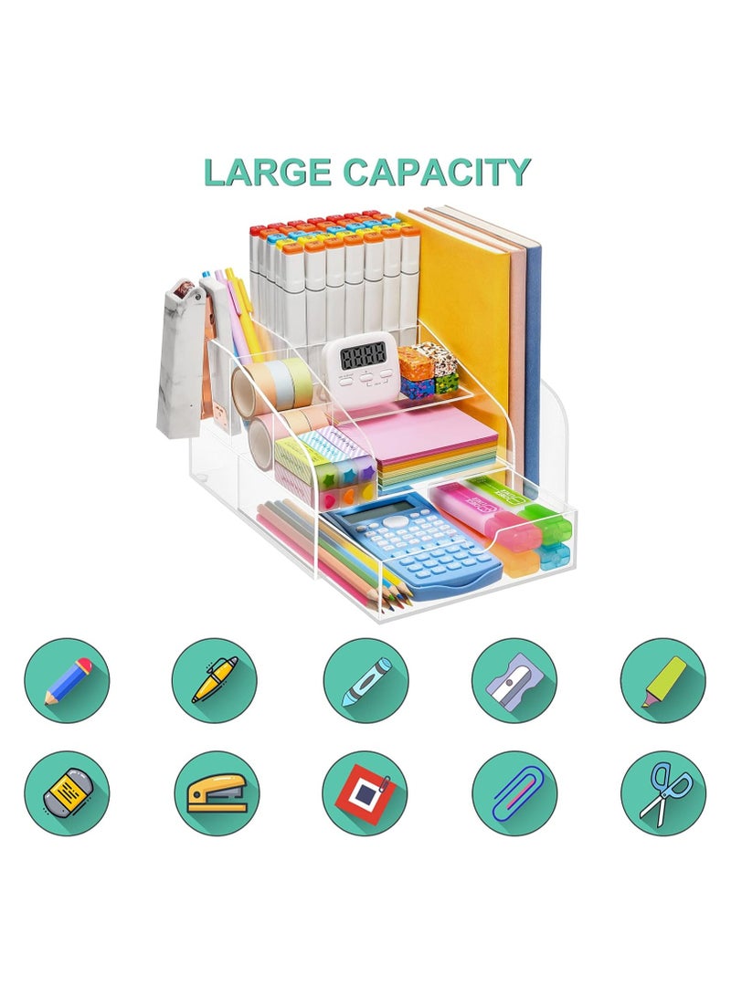 تي بي جي بي منظم مكتب أكريليك | منظم أقلام شفاف للمكتب | محطة تنظيم أقلام مكتبية متعددة الاستخدامات مع 8 مقصورات ودرج لتخزين المجلات/ورق A4/اللوازم الفنية - Image 5