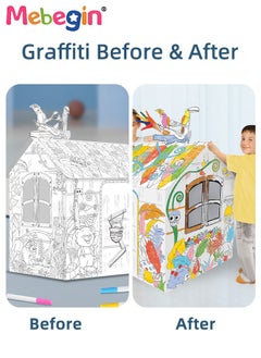 MEBEGIN DIY Doodle Set with Six Colored Pens, Kids Art and Craft Playset, Personalized Cardboard Fort, Unique Playhouse Drawn by You, Sturdy Durable for Indoor and Outdoor Play, Great Group Activity for Kids Aged 3+, 79*63*109cm  - Image 5