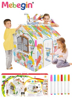 MEBEGIN DIY Doodle Set with Six Colored Pens, Kids Art and Craft Playset, Personalized Cardboard Fort, Unique Playhouse Drawn by You, Sturdy Durable for Indoor and Outdoor Play, Great Group Activity for Kids Aged 3+, 79*63*109cm  - Image 1