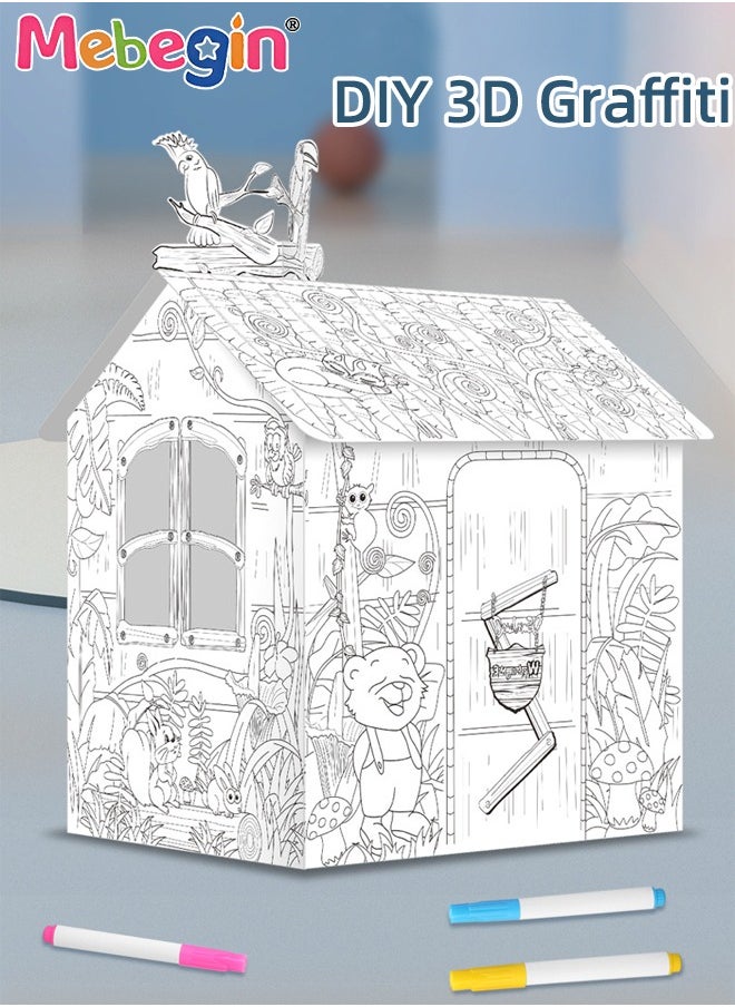 MEBEGIN DIY Doodle Set with Six Colored Pens, Kids Art and Craft Playset, Personalized Cardboard Fort, Unique Playhouse Drawn by You, Sturdy Durable for Indoor and Outdoor Play, Great Group Activity for Kids Aged 3+, 79*63*109cm  - Image 2