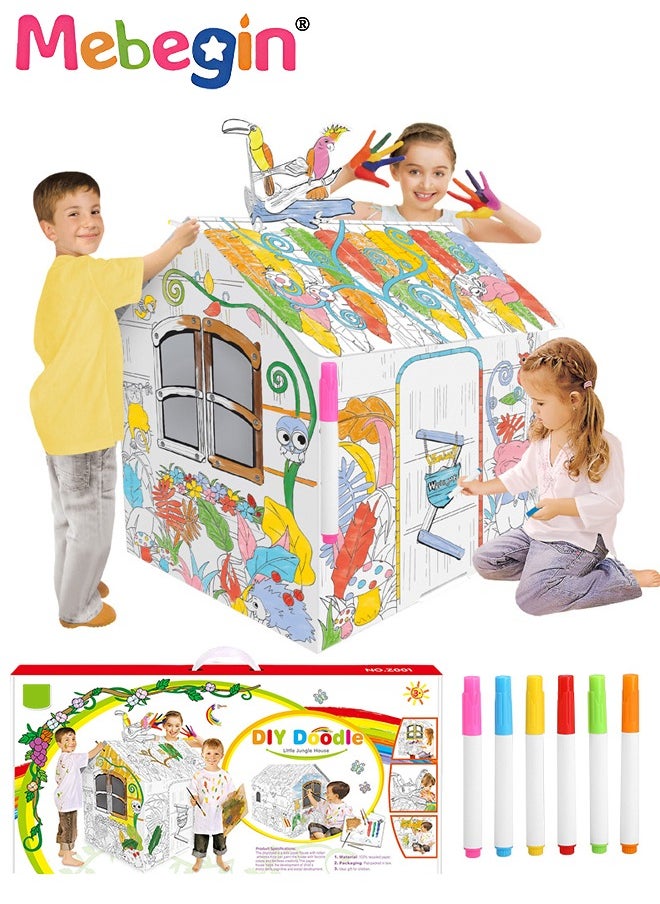 MEBEGIN DIY Doodle Set with Six Colored Pens, Kids Art and Craft Playset, Personalized Cardboard Fort, Unique Playhouse Drawn by You, Sturdy Durable for Indoor and Outdoor Play, Great Group Activity for Kids Aged 3+, 79*63*109cm  - Image 1