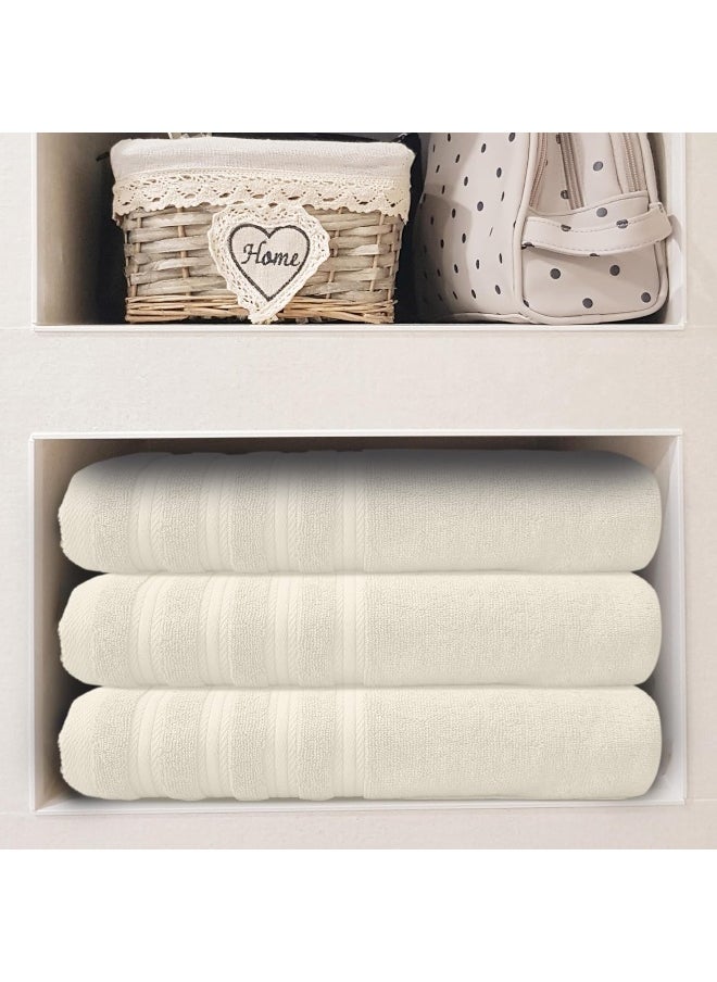 Hotel Linen Klub Hotel Linen Klub PACK of 3 Luxury Bath Towel - 100% Cotton, 600 GSM Terry Fabric, Soft & Highly Absorbent, Quick-Dry, Elegant Dobby Border, Ring Spun for Spa-Like Comfort, Size: 70x140cm, Cream  - Image 3