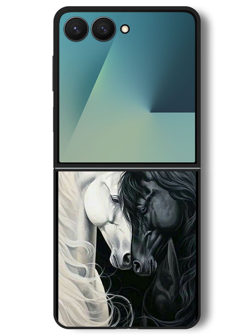 Theodor Case Compatible with Samsung Galaxy Z Flip 7 - 6.9 Inch Protection Shockproof Bumper Cover Black and White Horse - Image 1