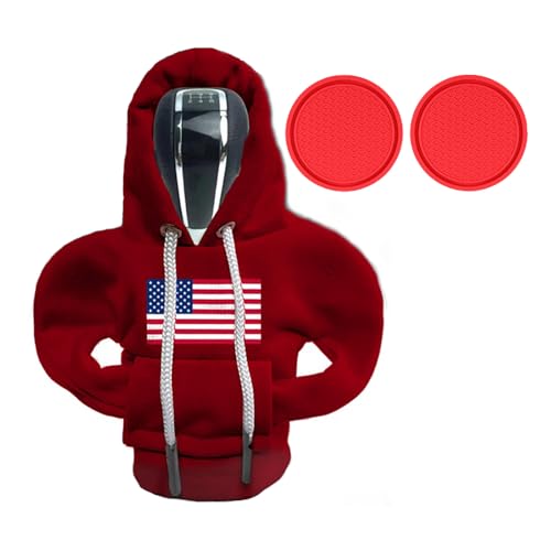 yicheyiyou Car Gear Shift Hoodie Gear Shift Cover Car Cup Coaster Set Universal Car Shift Knob Hoodie Mini Hoodie Automotive Interior Cute Gadgets Accessories Red Gear Shift CoverRed Coaster - Image 1
