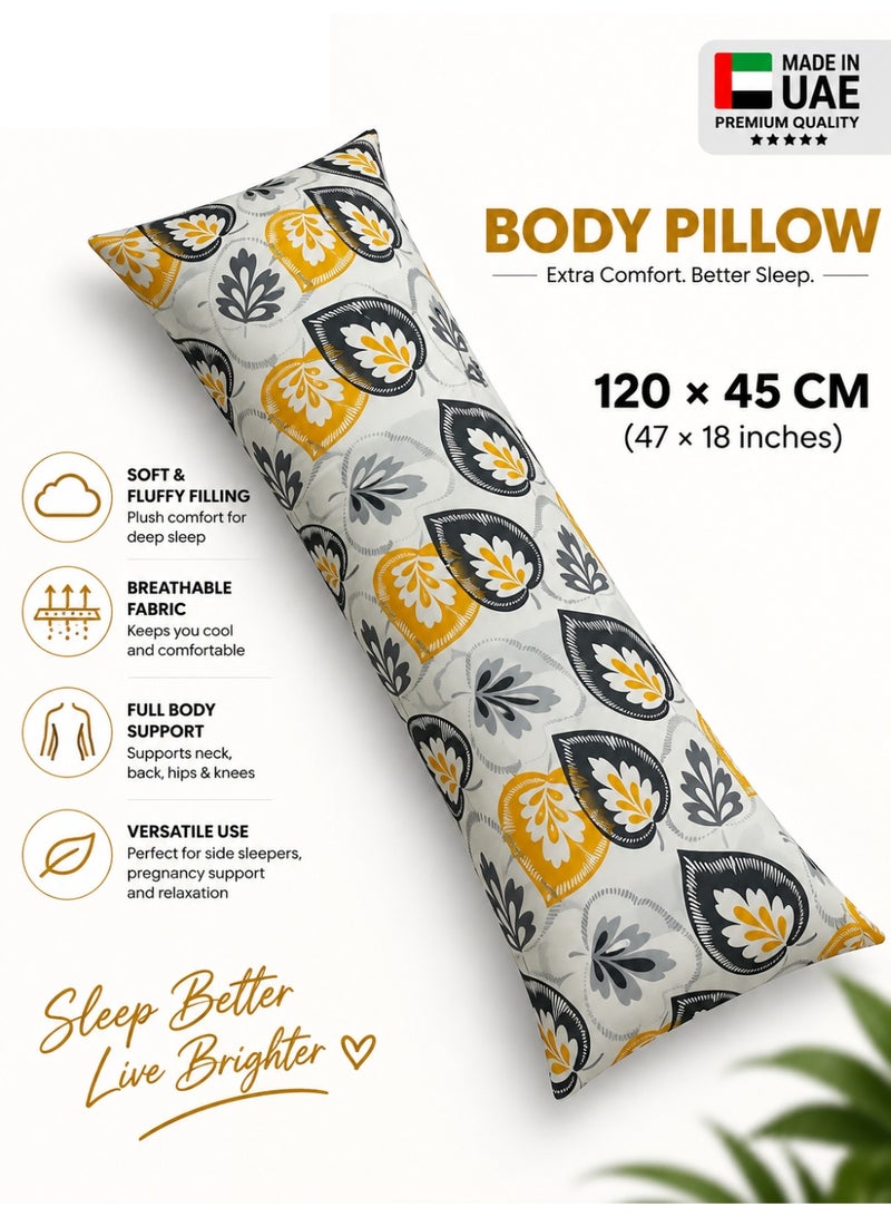 Eworld Body Pillow 120 x 45 cm, Abstract Leaf Print, Soft Fluffy Filling with Breathable Fabric, Full Body Support Long Pillow for Side Sleepers, Pregnancy and Relaxation, Made in UAE - Image 1
