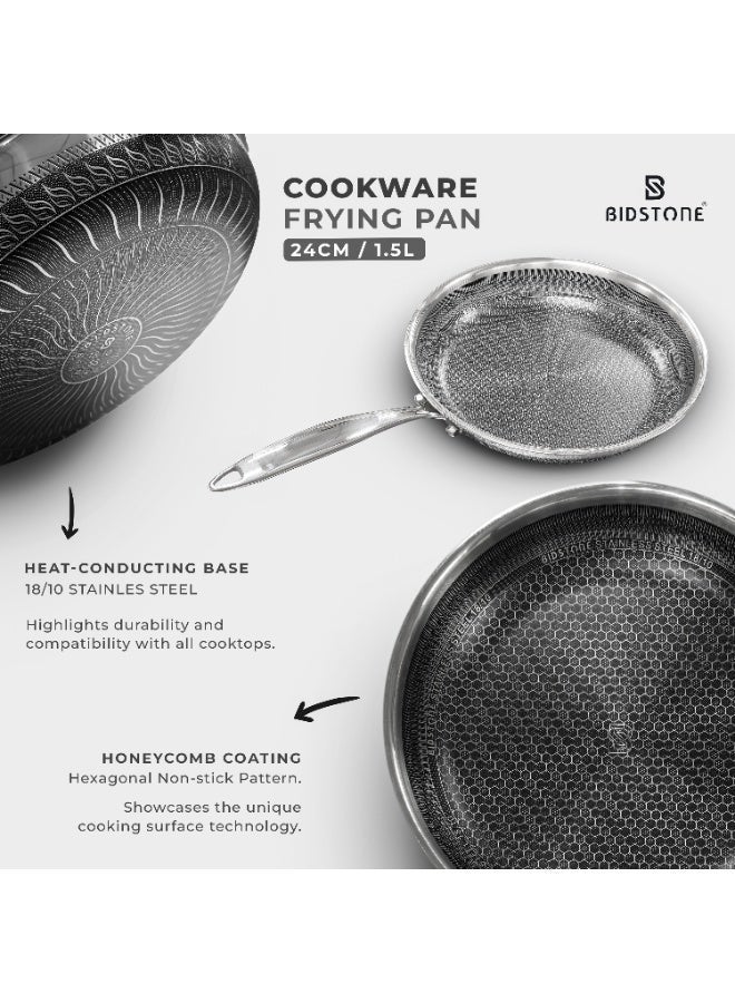 بيدستون مقلاة فاخرة ٢٤ سم بطبقة خلايا النحل – سعة ١.٥ لتر غير لاصقة من الستانلس ستيل ١٨/١٠، آمنة للفرن والحث المغناطيسي، أواني متينة، خالية من المواد الضارة - Image 2