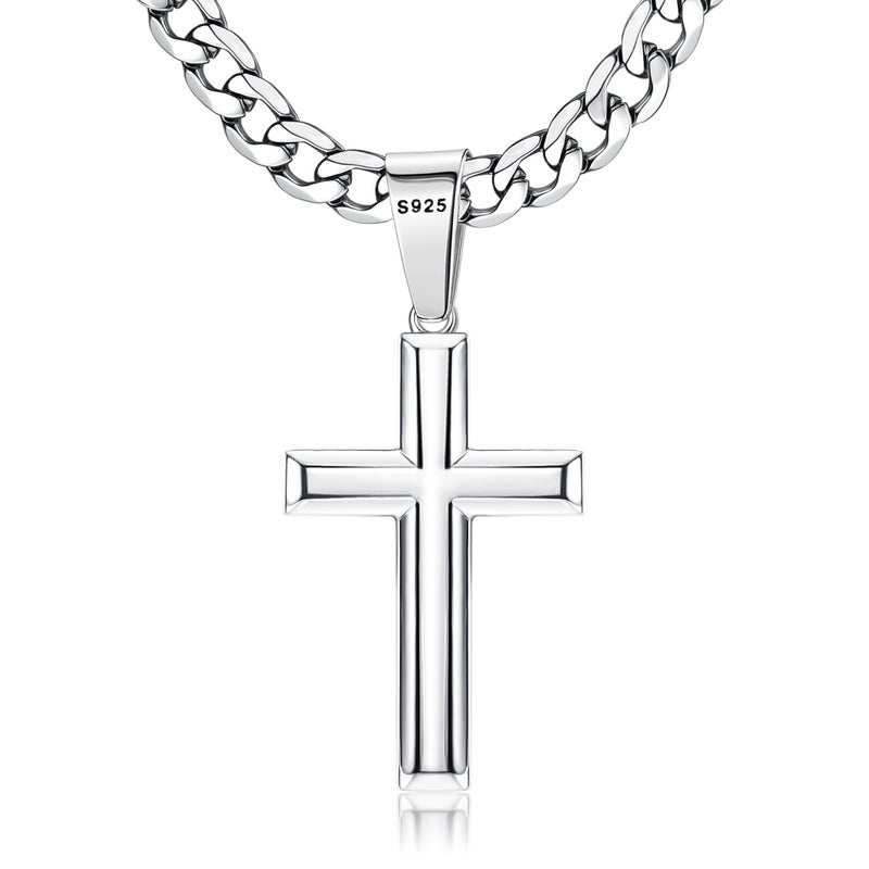 Besteel 925 Sterling Silver Cross Necklace for Men Women - 5mm 316L Stainless Steel Cuban Link Chain - Religious Baptism Easter Spring Cross Pendant Simple Faith Jewelry 18 Inches - Image 1