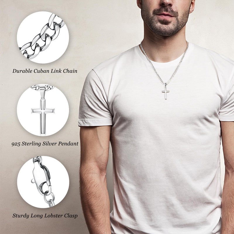 Besteel 925 Sterling Silver Cross Necklace for Men Women - 5mm 316L Stainless Steel Cuban Link Chain - Religious Baptism Easter Spring Cross Pendant Simple Faith Jewelry 18 Inches - Image 2