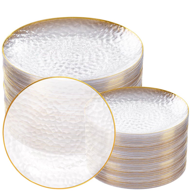 Rubtlamp 100Pcs Clear Gold Plastic Plates  Disposable Plates With Gold Rim  Heavy-duty Party Platos  Hammered Plastic Plates Include 50 Clear Dessert Platos  50 Dinner Platos for Party - Image 1
