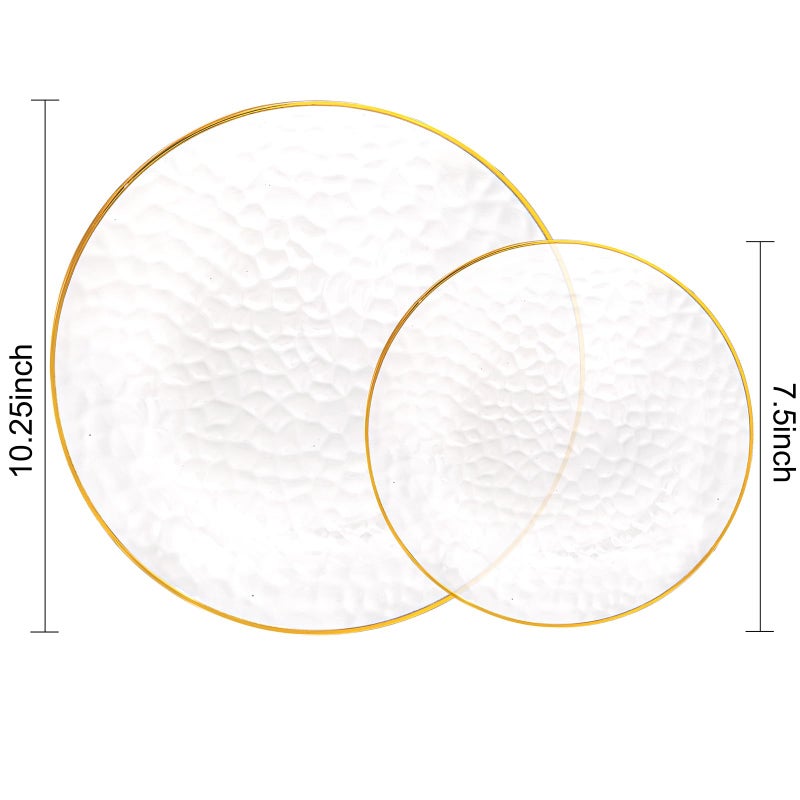 Rubtlamp 100Pcs Clear Gold Plastic Plates  Disposable Plates With Gold Rim  Heavy-duty Party Platos  Hammered Plastic Plates Include 50 Clear Dessert Platos  50 Dinner Platos for Party - Image 2