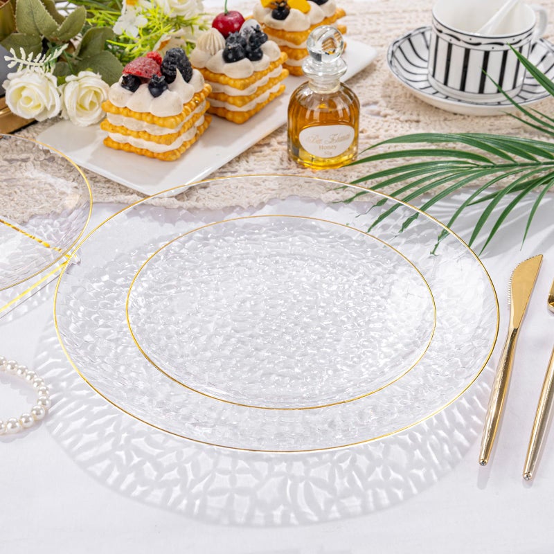Rubtlamp 100Pcs Clear Gold Plastic Plates  Disposable Plates With Gold Rim  Heavy-duty Party Platos  Hammered Plastic Plates Include 50 Clear Dessert Platos  50 Dinner Platos for Party - Image 3