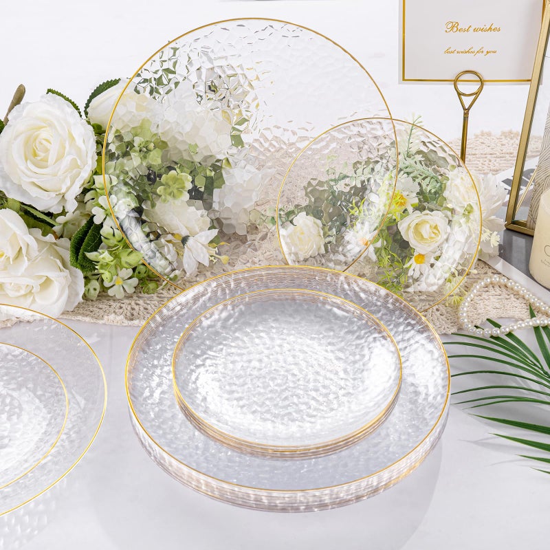 Rubtlamp 100Pcs Clear Gold Plastic Plates  Disposable Plates With Gold Rim  Heavy-duty Party Platos  Hammered Plastic Plates Include 50 Clear Dessert Platos  50 Dinner Platos for Party - Image 5