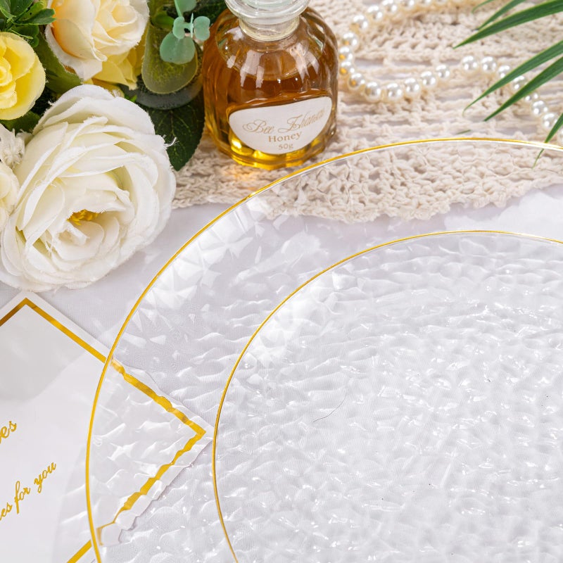 Rubtlamp 100Pcs Clear Gold Plastic Plates  Disposable Plates With Gold Rim  Heavy-duty Party Platos  Hammered Plastic Plates Include 50 Clear Dessert Platos  50 Dinner Platos for Party - Image 4