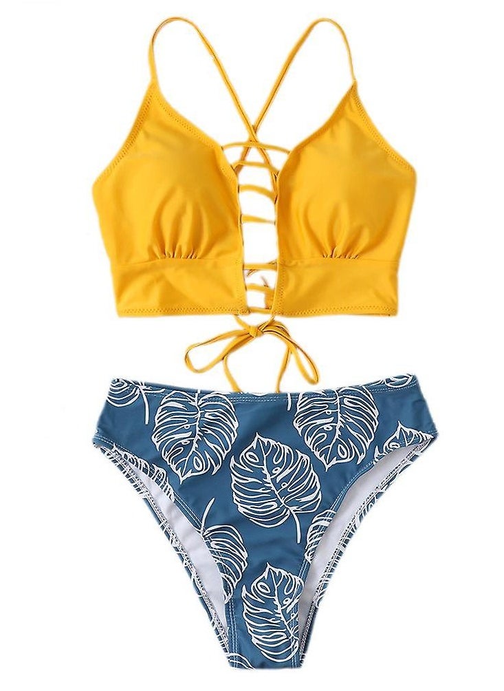ovitio - Yellow and Navy Blue Bikini Set Two-piece - Image 1