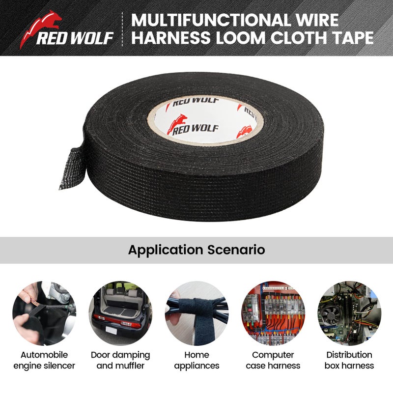 RED WOLF Wire Loom Harness Cloth Tape Electric Self-Adhesive Fabric Tape High Temp for Automobile Electrical Harness Wrap Noise Damping Protection Insulation Cable Fixed 2 Rolls Black 3/5 Inch x 50FT - Image 2