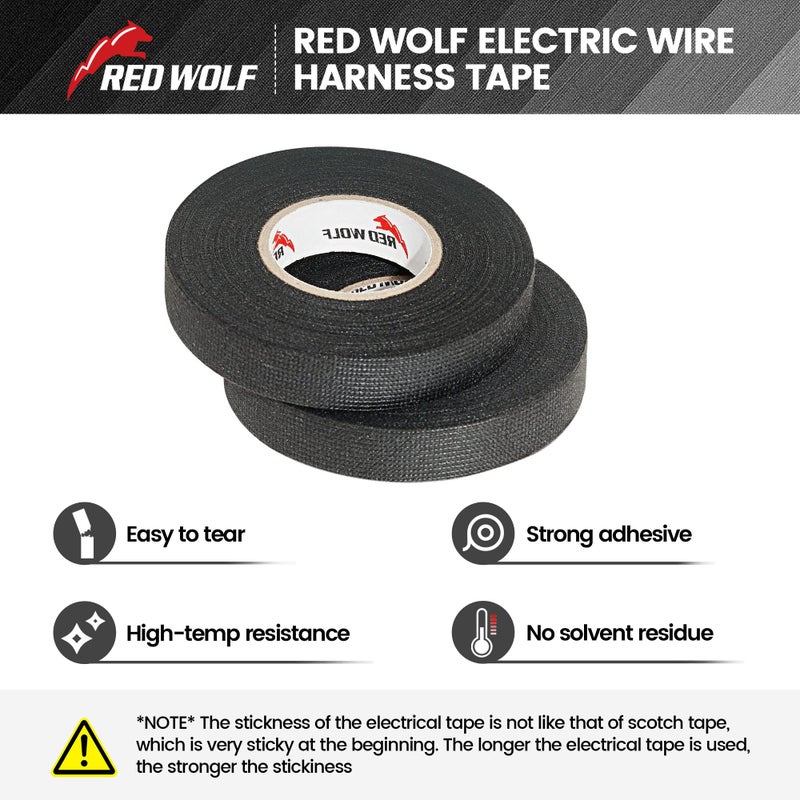 RED WOLF Wire Loom Harness Cloth Tape Electric Self-Adhesive Fabric Tape High Temp for Automobile Electrical Harness Wrap Noise Damping Protection Insulation Cable Fixed 2 Rolls Black 3/5 Inch x 50FT - Image 5