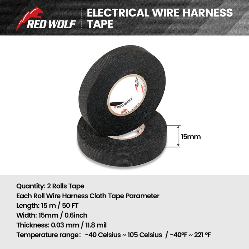 RED WOLF Wire Loom Harness Cloth Tape Electric Self-Adhesive Fabric Tape High Temp for Automobile Electrical Harness Wrap Noise Damping Protection Insulation Cable Fixed 2 Rolls Black 3/5 Inch x 50FT - Image 4