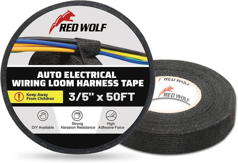 RED WOLF Wire Loom Harness Cloth Tape Electric Self-Adhesive Fabric Tape High Temp for Automobile Electrical Harness Wrap Noise Damping Protection Insulation Cable Fixed 2 Rolls Black 3/5 Inch x 50FT - Image 1