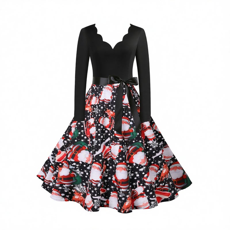 Christmas Long Sleeve V-Neck Party Print Dress