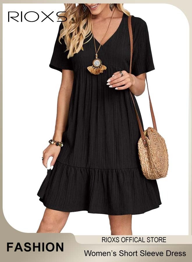 Women's Short Sleeve V-neck Mini Dress, Loose Fit High Waisted A-Line Summer Dress for Ladies, Flowy Casual Ruffle Mini Dress, Comfortable Breathable Linen Dress for Beach Party Vacation Dating Daily Wear and More, Black