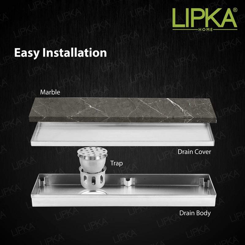 LIPKA Marble Insert Shower Drain Channel | 36 x 5 Inches| 304-Grade Stainless Steel Long Floor Drain for Bathrooms & Shower Areas | 21mm Marble Invisible Water Drainer with Side Hole & Cockroach Trap - Image 3