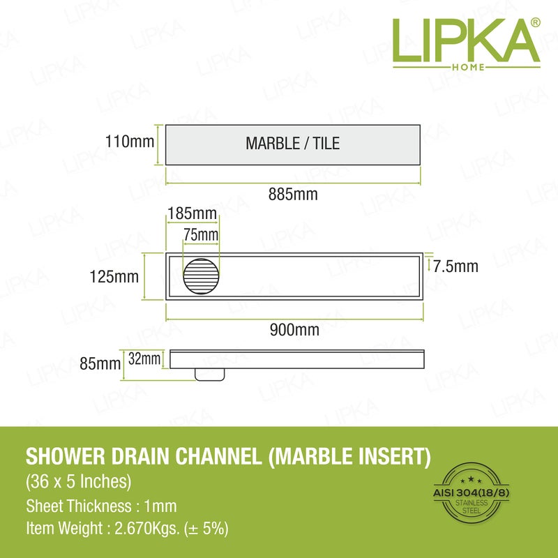 LIPKA Marble Insert Shower Drain Channel | 36 x 5 Inches| 304-Grade Stainless Steel Long Floor Drain for Bathrooms & Shower Areas | 21mm Marble Invisible Water Drainer with Side Hole & Cockroach Trap - Image 2