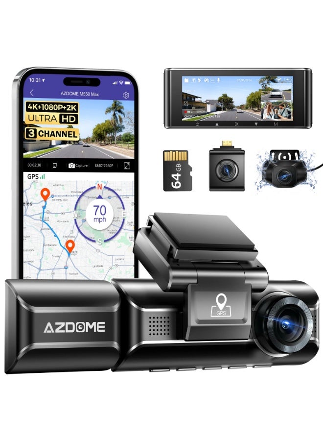 أزدوم داش كام AZDOME M550 Max بدقة Ultra HD (4K + 1K + 2K) | شاشة 3.18 بوصة | GPS وWiFi مدمجان | جهاز تسجيل للسيارة | مراقبة أثناء الوقوف على مدار 24 ساعة | رؤية ليلية | كاميرا خلفية - Image 1