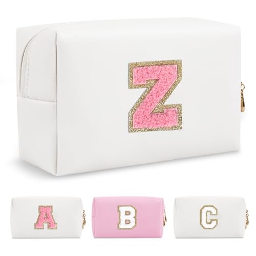 ChaoGreat Personalized Makeup Bag Initial A-Z Preppy Patch Bag,Small PU Leather Travel Cosmetic Bag Pouch with Zipper,White Cute Toiletry Bag,Gift Ideal for Teen Girls Women Birthday Friend Mom,Letter Z - Image 1