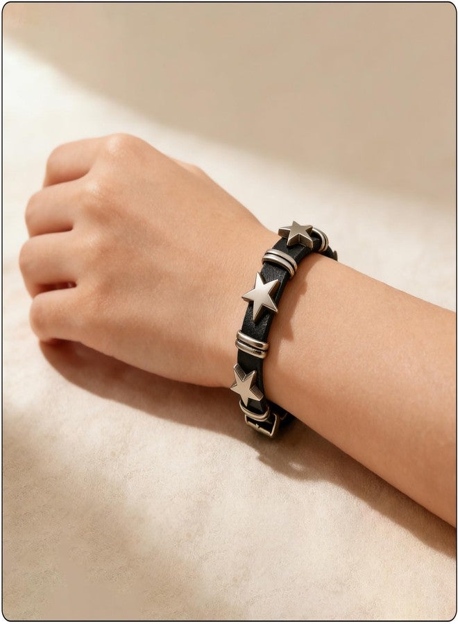 Fusamk Women's Punk Rock Gothic Biker Adjustable Leather Cuff Bracelet with Star Studded Metal Belt Buckle, Wrap Braided Bangle Band Fashion Jewelry Bracelet(Black) - Image 5