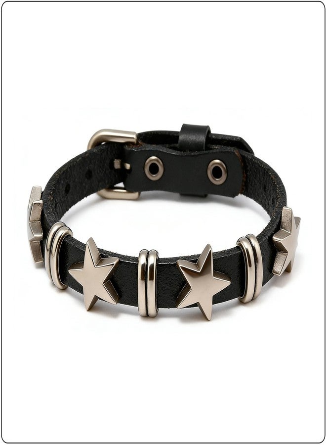 Fusamk Women's Punk Rock Gothic Biker Adjustable Leather Cuff Bracelet with Star Studded Metal Belt Buckle, Wrap Braided Bangle Band Fashion Jewelry Bracelet(Black) - Image 3