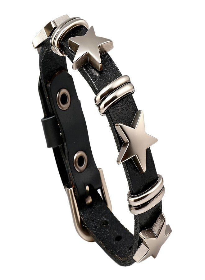 Fusamk Women's Punk Rock Gothic Biker Adjustable Leather Cuff Bracelet with Star Studded Metal Belt Buckle, Wrap Braided Bangle Band Fashion Jewelry Bracelet(Black) - Image 1