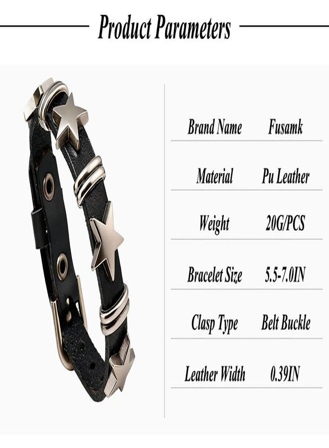 Fusamk Women's Punk Rock Gothic Biker Adjustable Leather Cuff Bracelet with Star Studded Metal Belt Buckle, Wrap Braided Bangle Band Fashion Jewelry Bracelet(Black) - Image 2