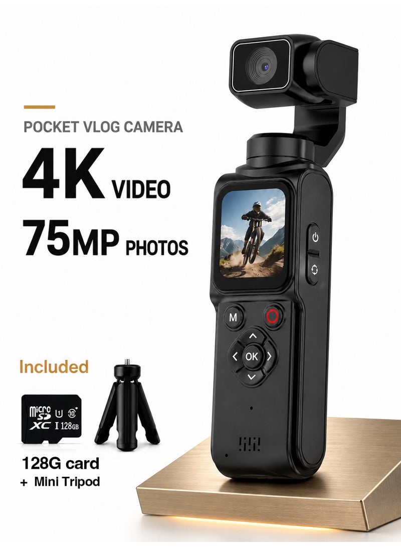 1 طابق سرداب كاميرا فلوق جيب بدقة 4K مع تثبيت جيمبال، تتبع الوجه 330 درجة، تتضمن بطاقة 128 جيجابايت وحامل ثلاثي صغير - Image 1