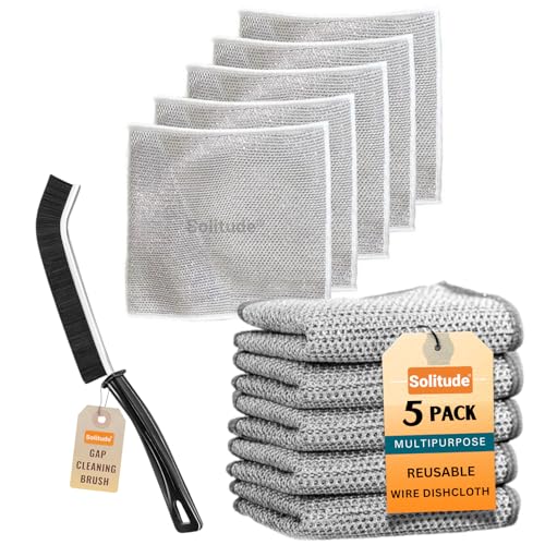 Solitude 6X Combo 5 Pack Non-Scratch Wire Dishcloth & 1 Mini Gap Cleaning Brush, Multipurpose Wire Dishwashing Rags for Wet and Dry, Easy Rinsing, Reusable, Wire Cleaning Cloth for Kitchen - Image 1