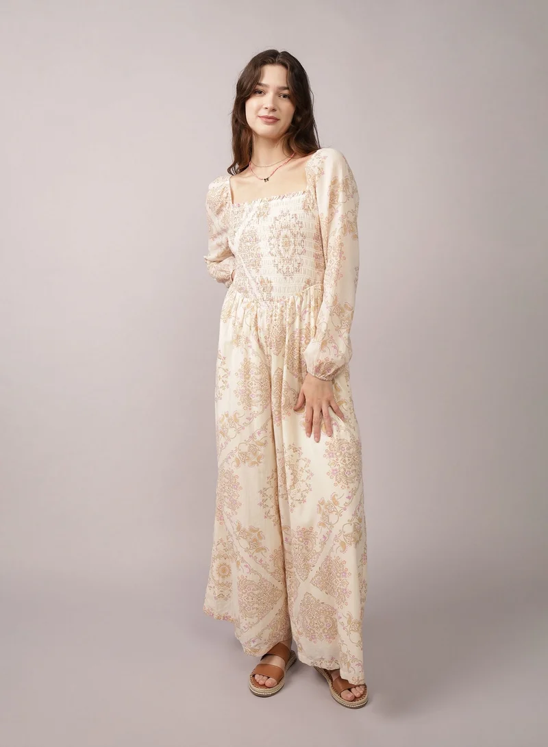 American Eagle AE Puff Sleeve Smocked Jumpsuit