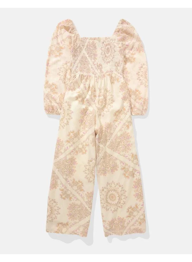 American Eagle AE Puff Sleeve Smocked Jumpsuit