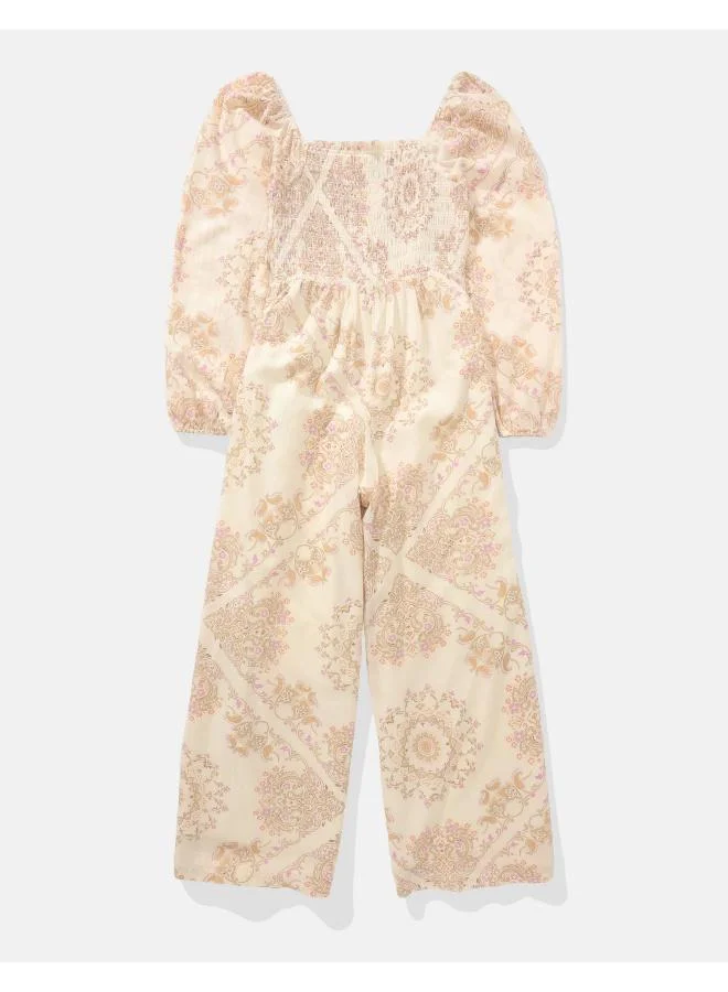 American Eagle AE Puff Sleeve Smocked Jumpsuit