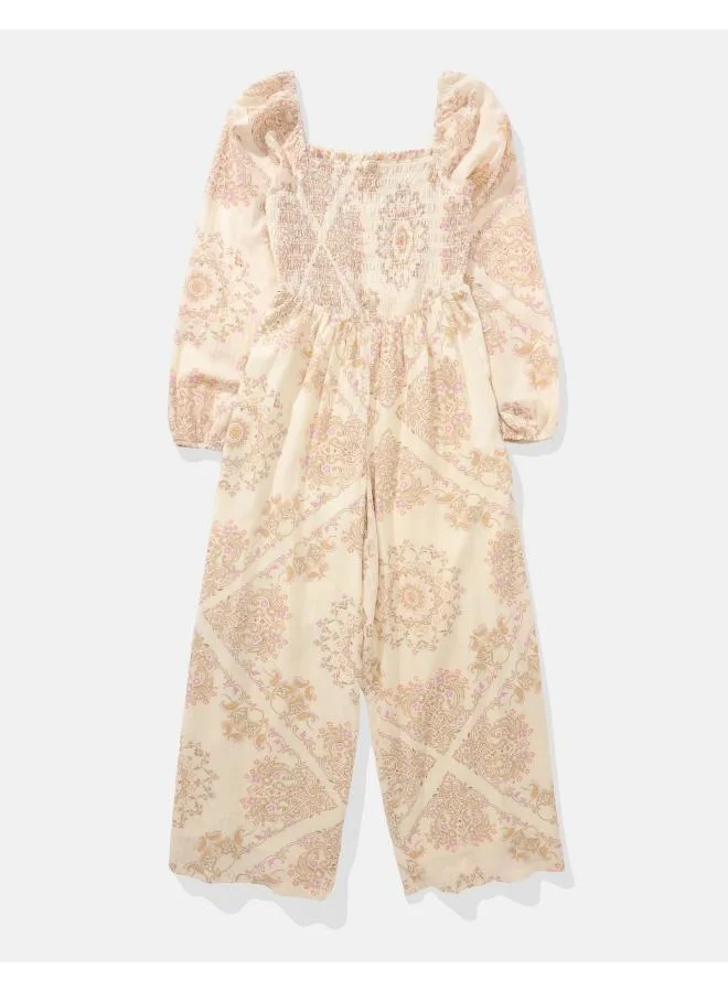 American Eagle AE Puff Sleeve Smocked Jumpsuit