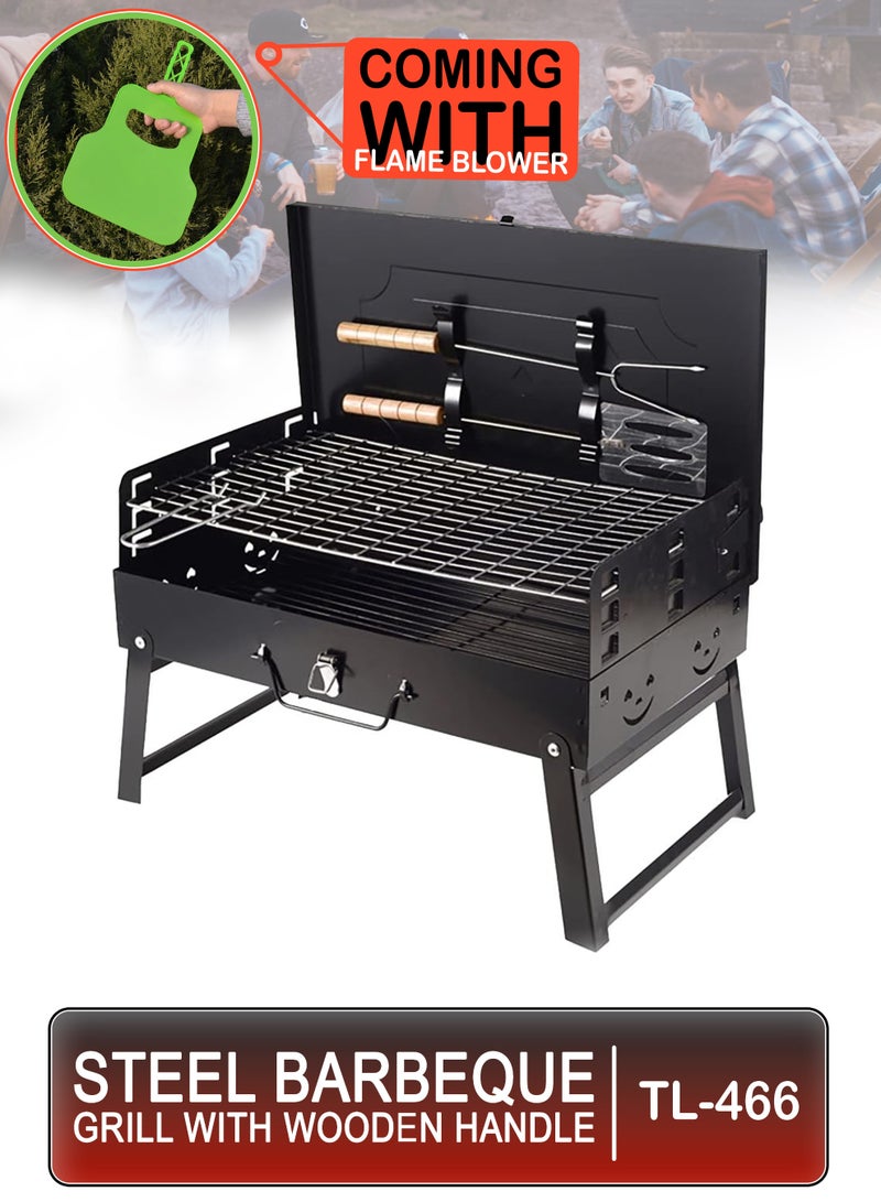توشيونيكس شواية فحم محمولة FlameMaster TL-466 مع غطاء وتصميم قابل للطي وارتفاعات قابلة للتعديل - مدخن شواء خارجي من الفولاذ المقاوم للصدأ مع مروحة يدوية للشواء لشواء اللحوم والروبيان والأسماك والدجاج والخضروات والكباب والبرجر - شواية سفر صغيرة للتخييم والنزهات والشاطئ والحفلات في الفناء الخلفي - إطار مقاوم للحرارة مع فتحات تهوية، سهل الحمل، خفيف الوزن ومتين، يخدم من 3 إلى 5 أشخاص، شواية فحم صغيرة للتجمعات العائلية والطهي في الهواء الطلق