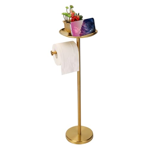 Wismay Toilet Paper Holder Stand Gold with Shelf on Top, Sturdy TP Roll Holder Floor Standing, Stainless Steel Base (Gold) - Image 1