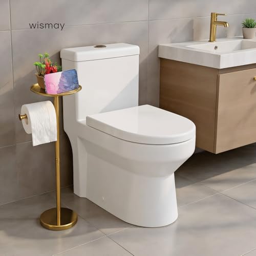 Wismay Toilet Paper Holder Stand Gold with Shelf on Top, Sturdy TP Roll Holder Floor Standing, Stainless Steel Base (Gold) - Image 5