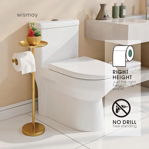Wismay Toilet Paper Holder Stand Gold with Shelf on Top, Sturdy TP Roll Holder Floor Standing, Stainless Steel Base (Gold) - Image 2