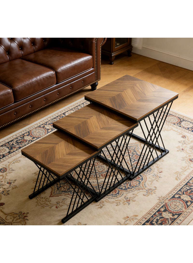 POWER 3PCS Nesting Coffee Table Set Space Saving Stackable Side Tables Living Room Sofa End Table Modern Compact Furniture for Bedroom Small Space Metal Frame Easy Assembly Brown Straight lines - Image 1