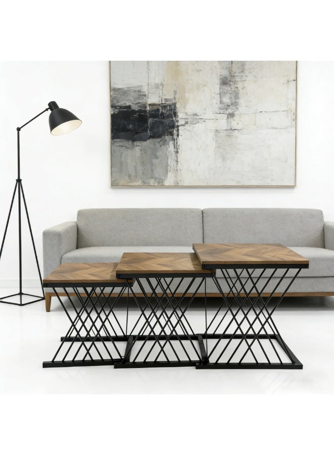 POWER 3PCS Nesting Coffee Table Set Space Saving Stackable Side Tables Living Room Sofa End Table Modern Compact Furniture for Bedroom Small Space Metal Frame Easy Assembly Brown Straight lines - Image 2