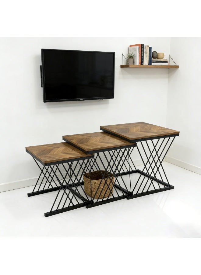 POWER 3PCS Nesting Coffee Table Set Space Saving Stackable Side Tables Living Room Sofa End Table Modern Compact Furniture for Bedroom Small Space Metal Frame Easy Assembly Brown Straight lines - Image 3